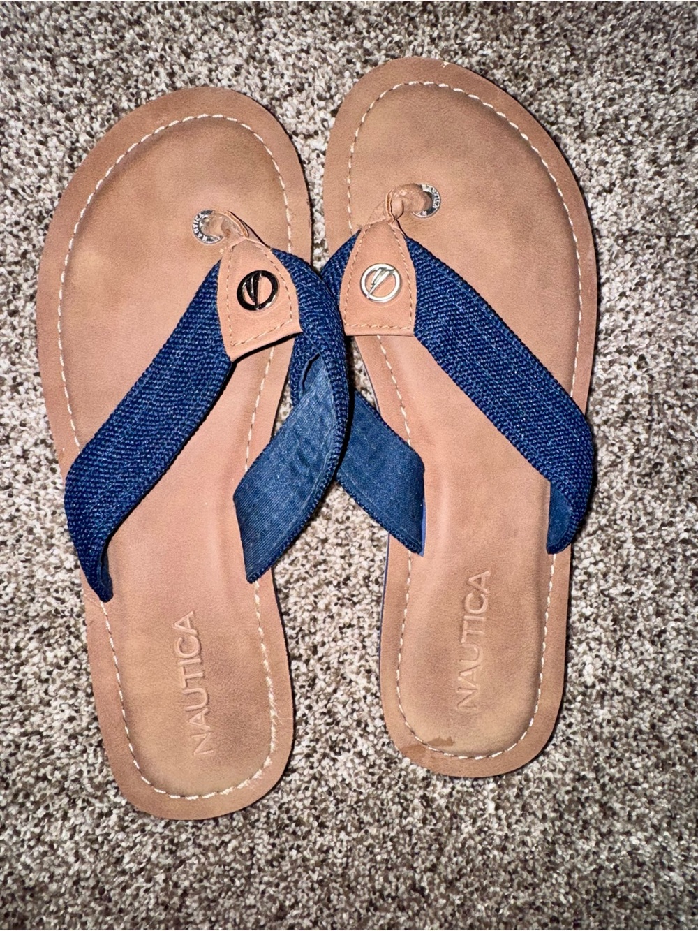 Nautica Navy Fabric Strap Thong Sandals with Tan Footbed